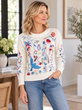 Lucy Wang White Embroidered Bird Floral Folk Art Sweater Medium